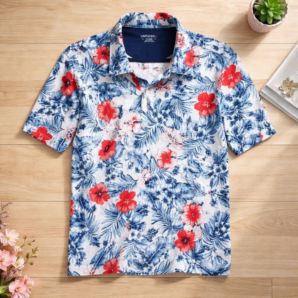 UNTUCKit Mens XL Pima Cotton Tropical Floral Polo Shirt Blue Red Hibiscus Print